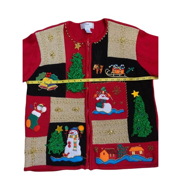 Ugly Christmas Holiday Party Sweater Color Block Snowman Trees Jingles Sz Medium - Picture 7 of 11